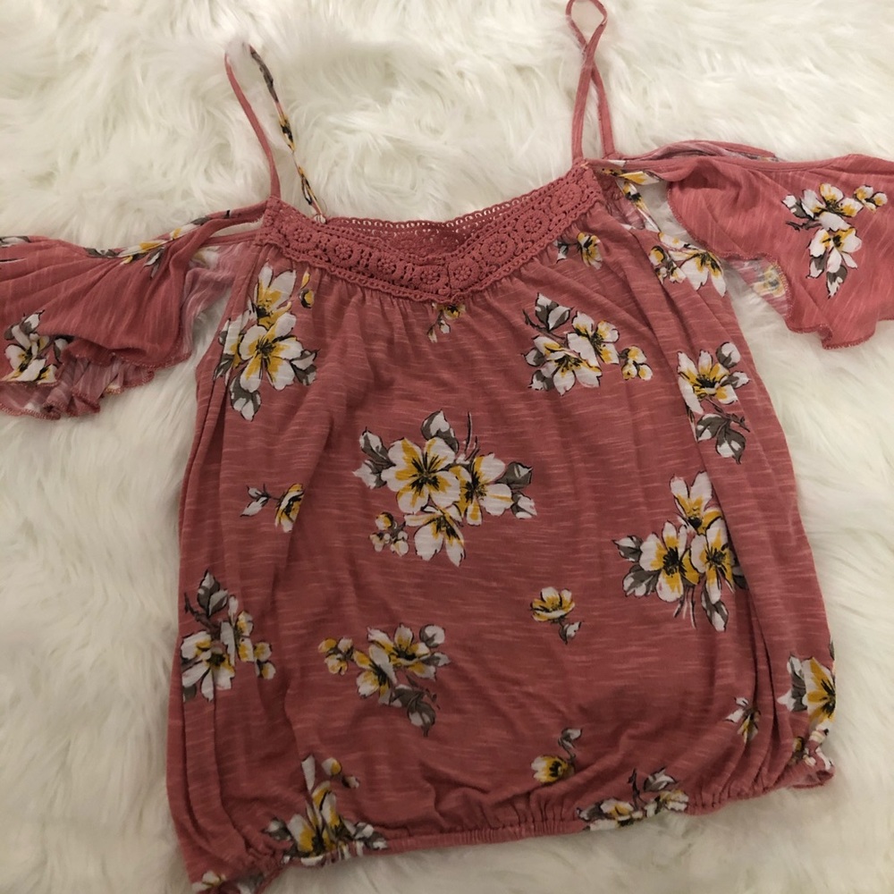 Pink floral cold shoulder top